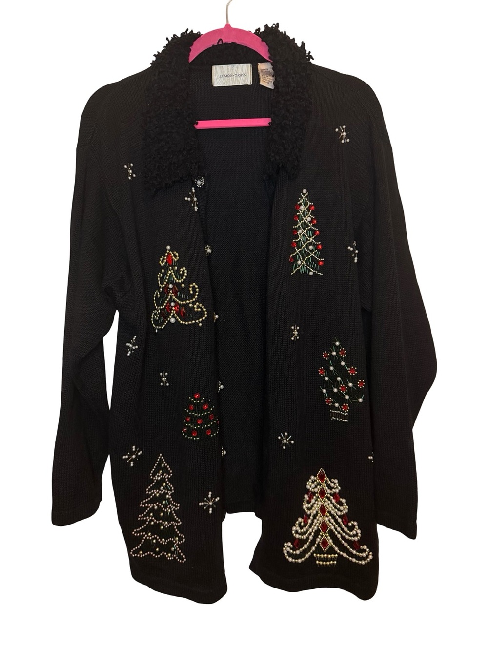 Lemon Grass Beaded Christmas Tree Cardigan Sweater Faux Fur Collar Black Sz 1X - Picture 4 of 7
